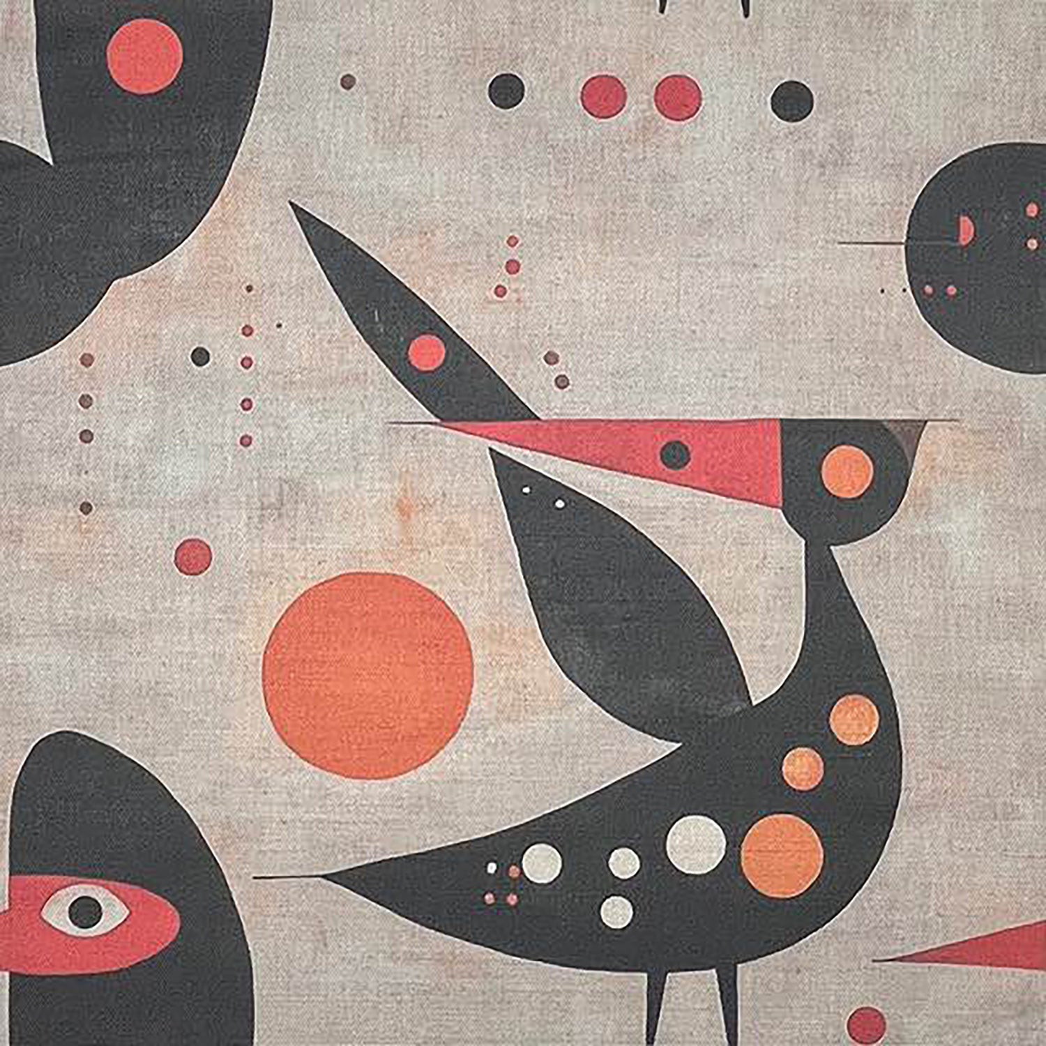 Bird No.9 upholstery fabric featuring abstract bird design with terracotta and cream on a neutral stone background