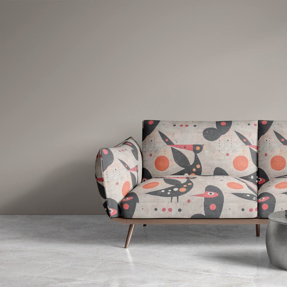 Two-seater chair upholstered in Bird No.9, styled in a neutral modern room with minimalist decor