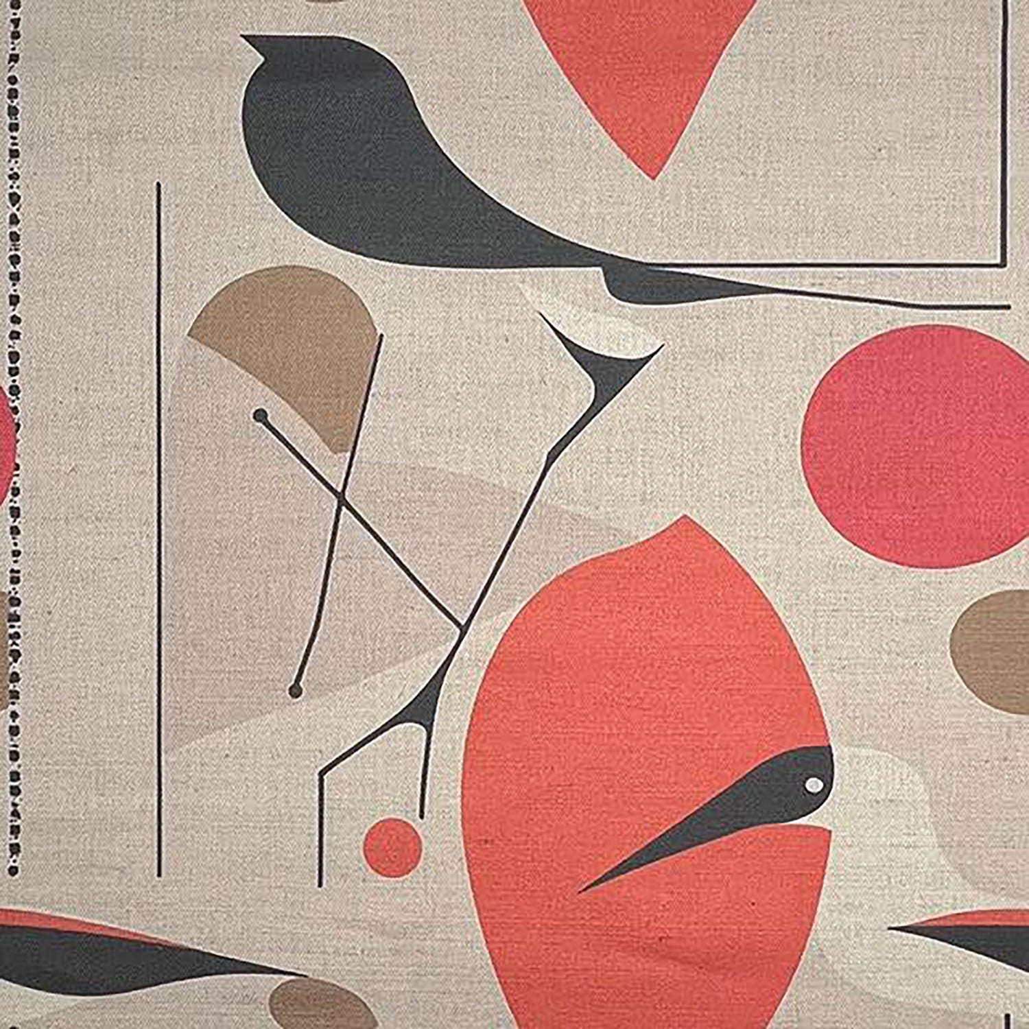 Bird No.11 abstract bird patterned upholstery fabric in red and taupe