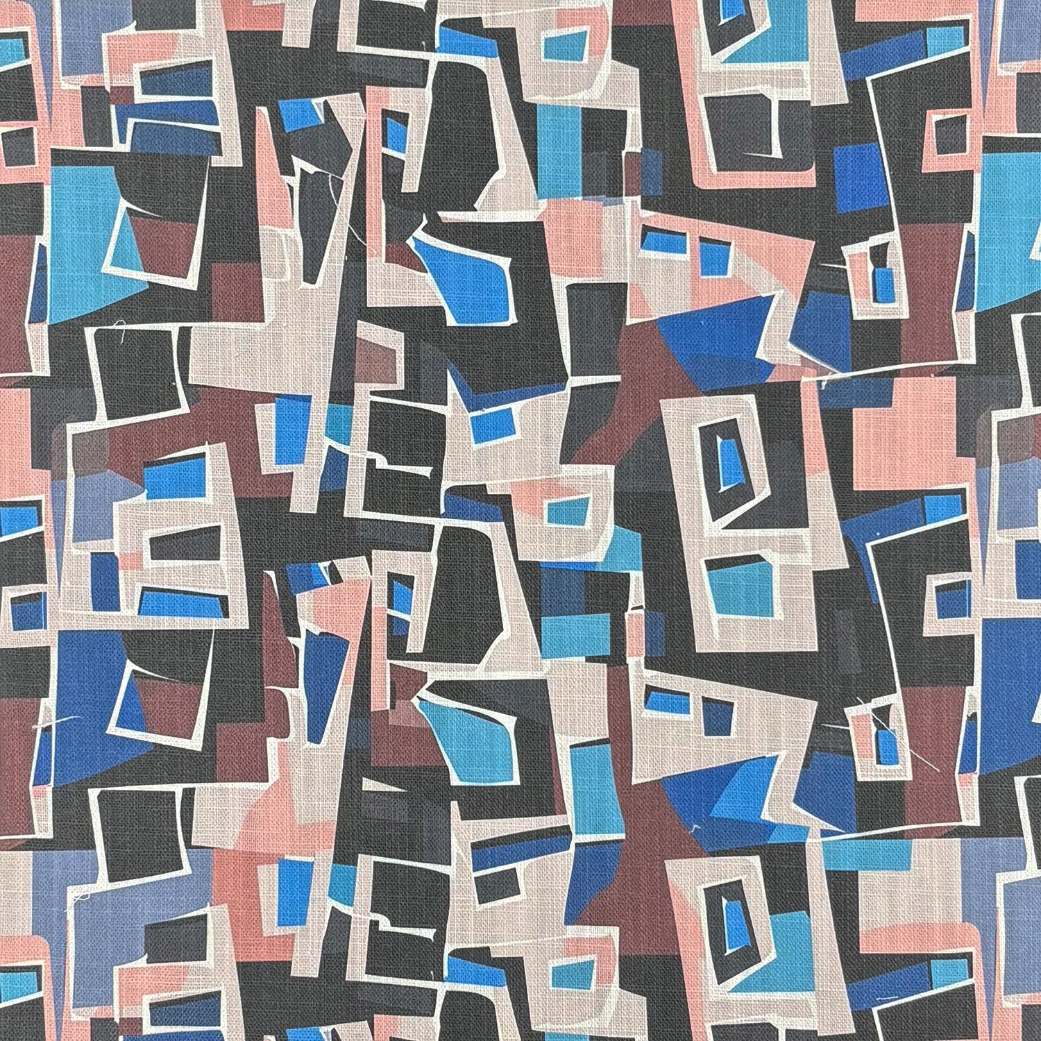 Flat image of Collage No.10 abstract patterned upholstery fabric in pink, blue, and charcoal.