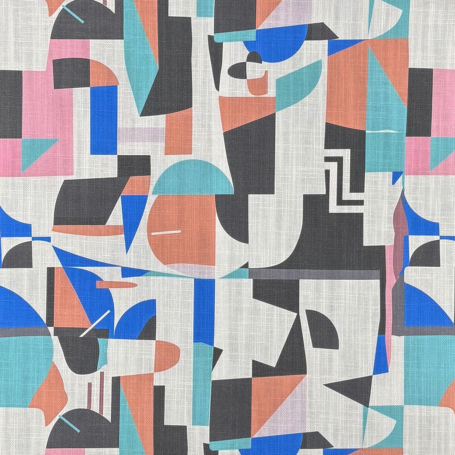 Flat image of Collage No.12 abstract cubist blue and coral geometric upholstery fabric