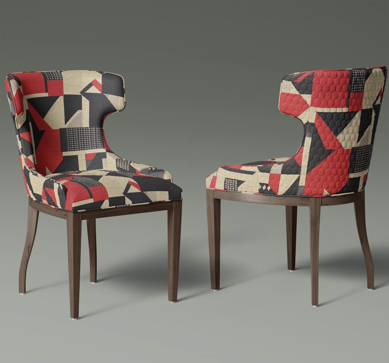 Armchair upholstered in Creation No.6 fabric – bold red and black geometric pattern in contemporary living room