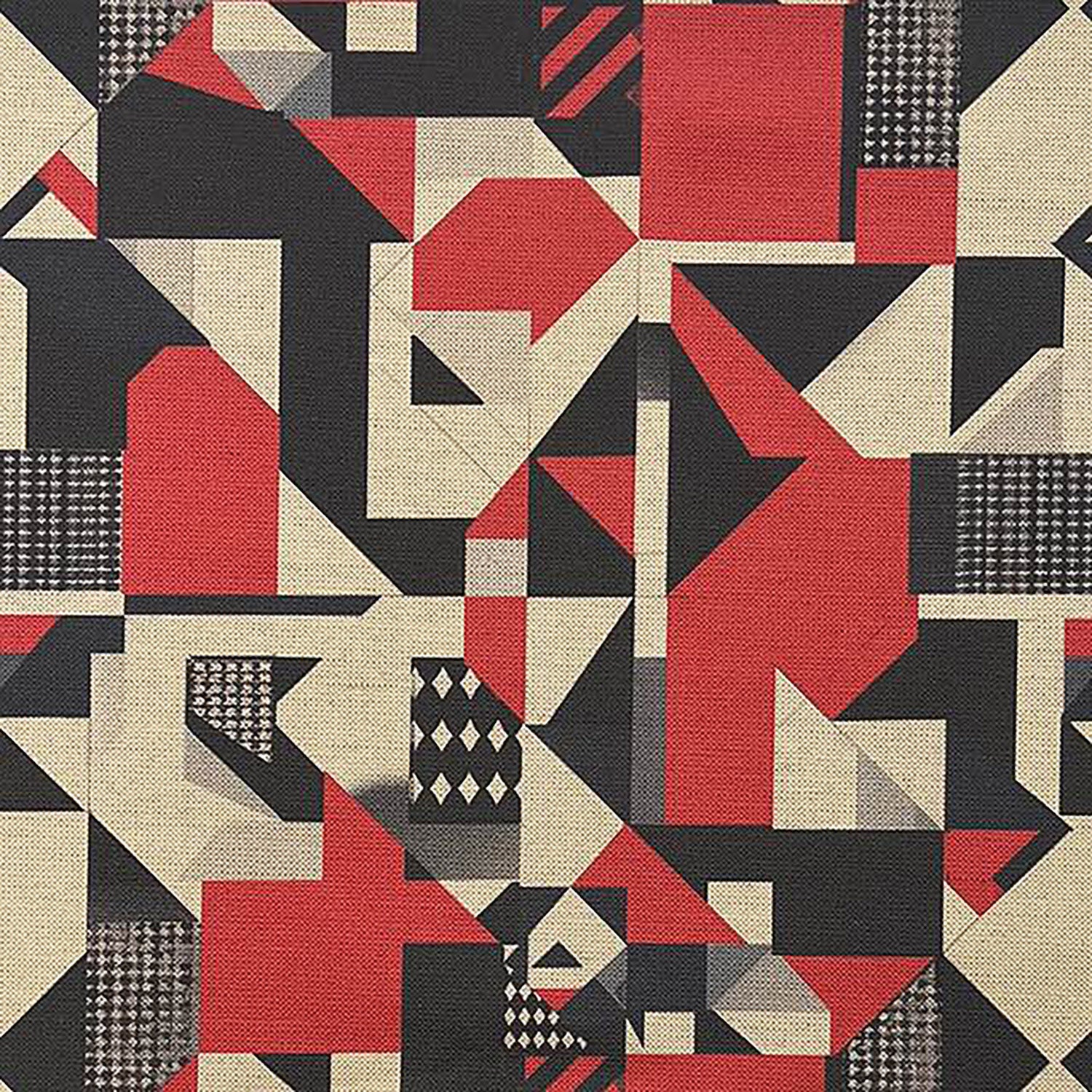 Creation No.6 geometric red and black upholstery fabric sample on neutral background – luxury textile for modern interiors