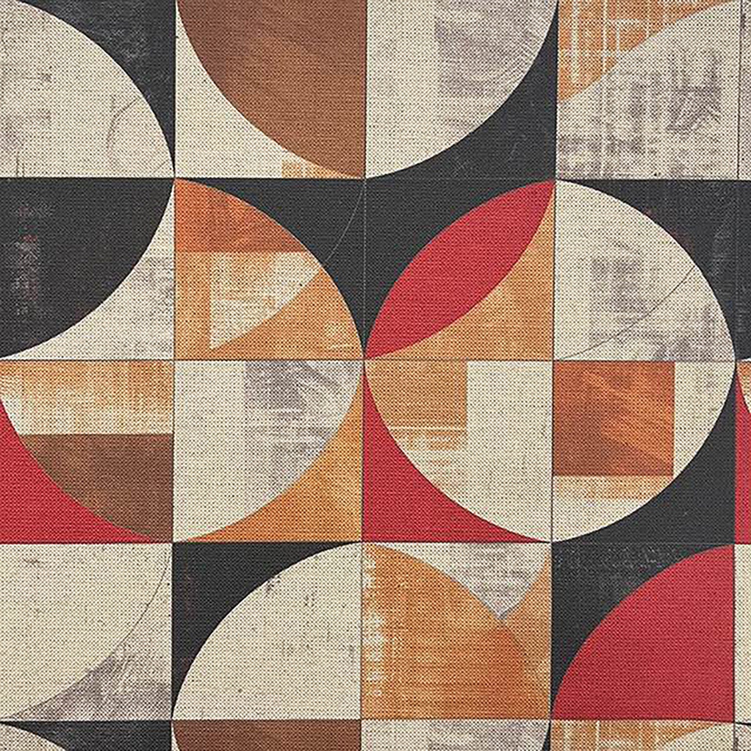 Creation No.7 geometric upholstery fabric in rust, clay, and neutral tones with mid-century circular forms