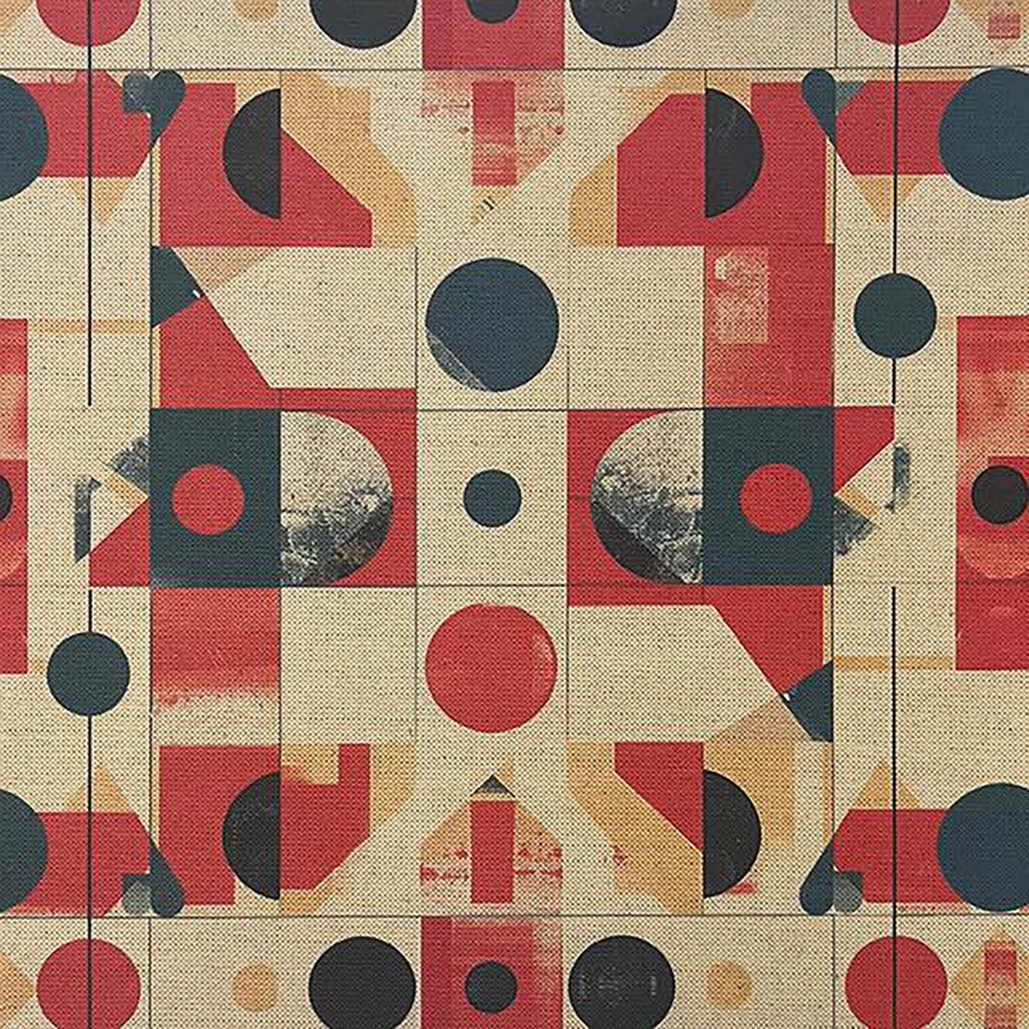 Creation No.8 abstract modernist upholstery fabric in red, ink blue, and neutral flax with geometric pattern