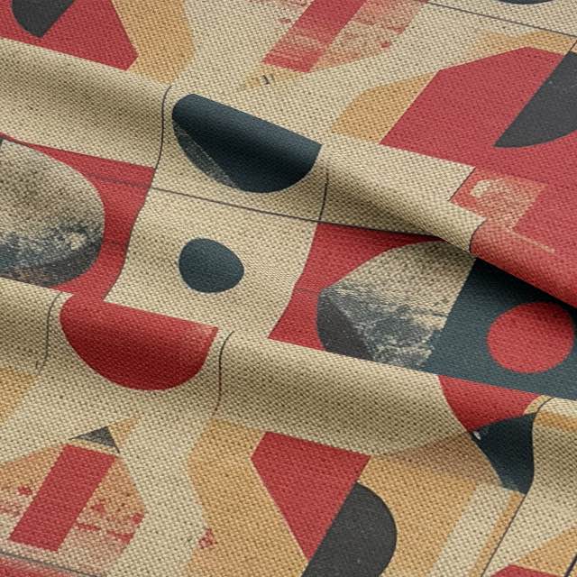 Luxury upholstery fabric close-up showing printed modernist pattern in crimson, black, and beige on soft weave