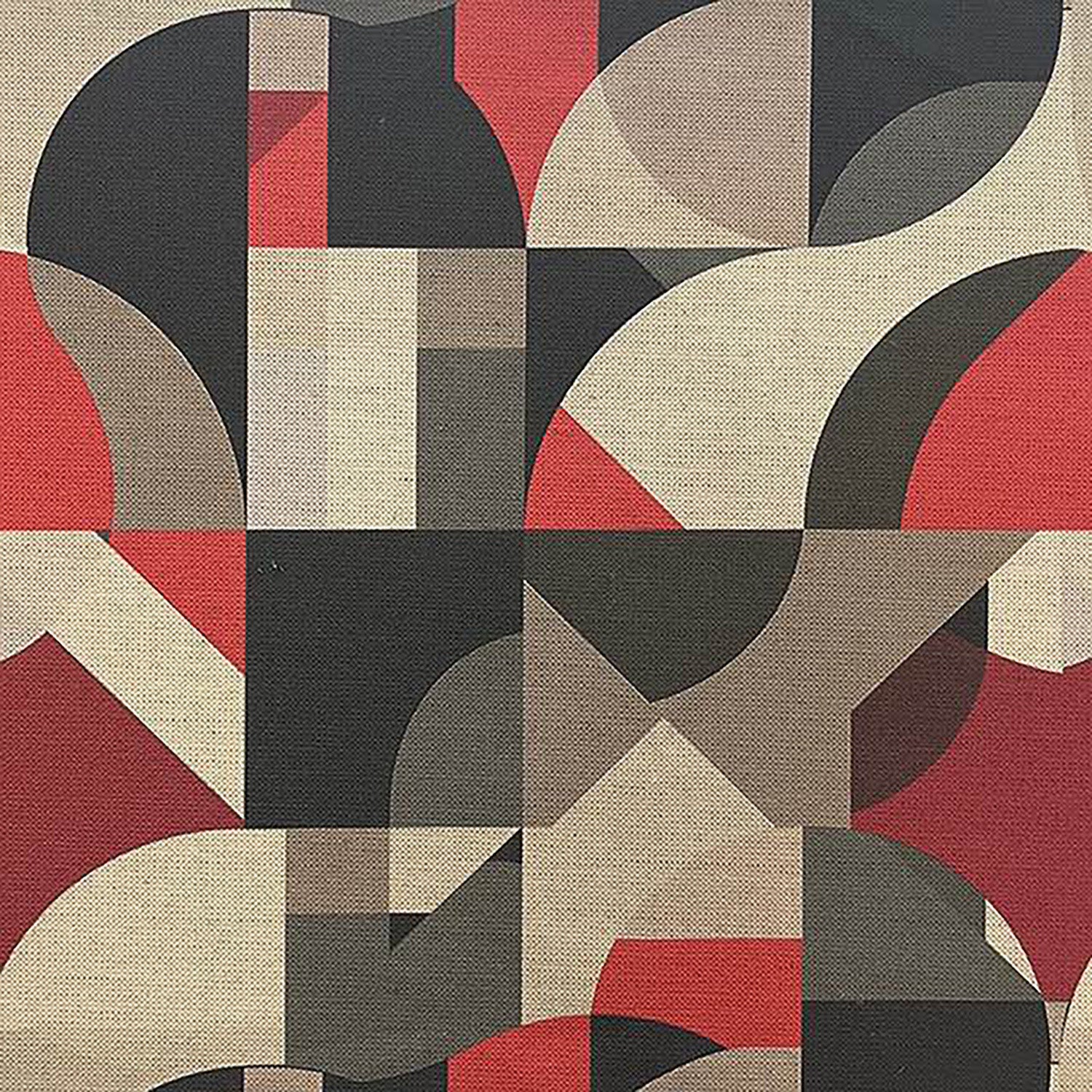 Creation No.9 abstract geometric upholstery fabric with overlapping circular and angular shapes in red, taupe, and charcoal