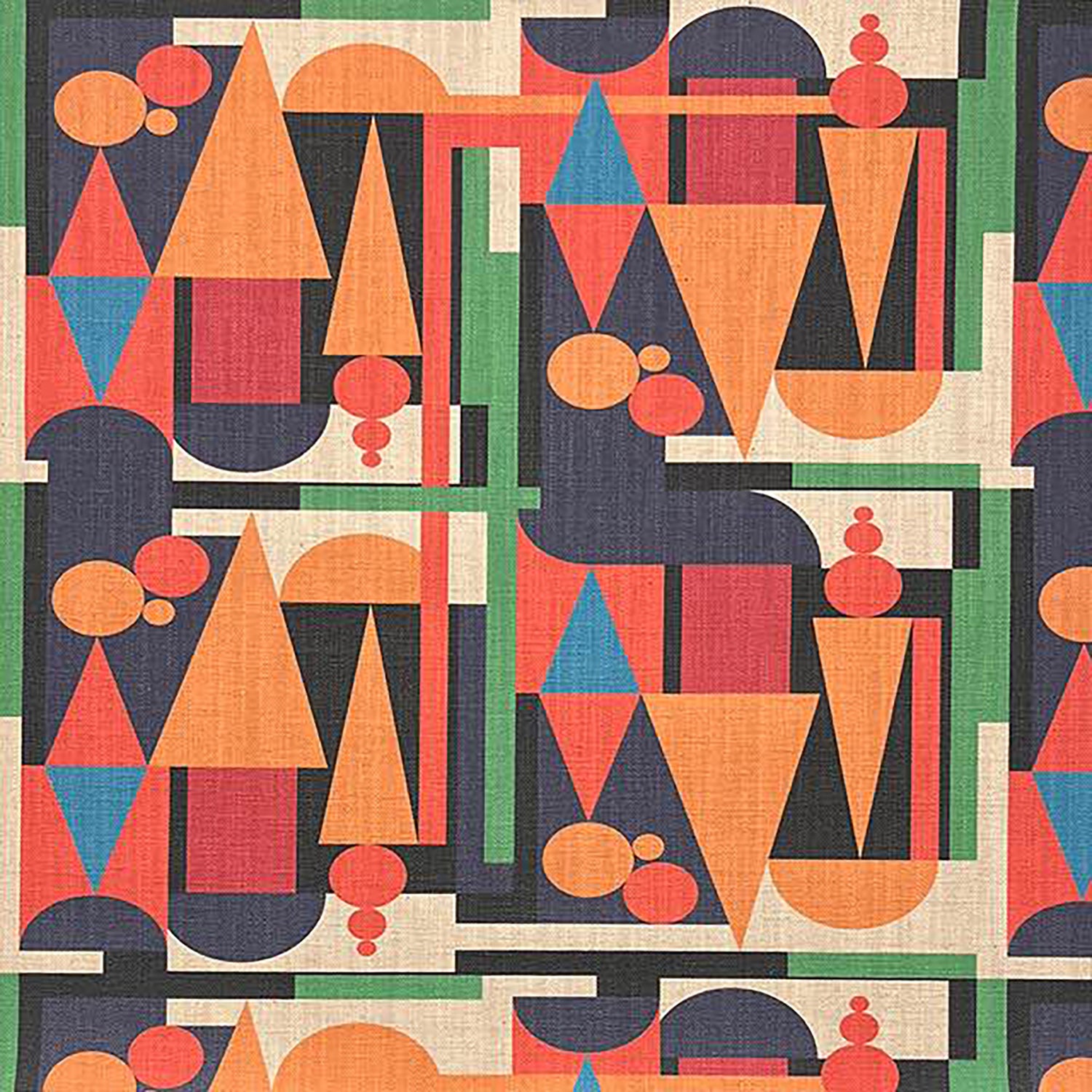 Luxury geometric cubist upholstery fabric in orange, green, and navy on linen background