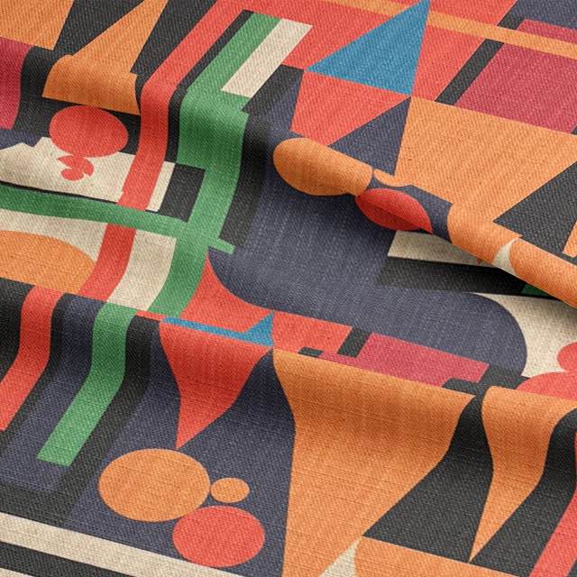 Draped abstract cubism fabric with rich warm tones and geometric detailing