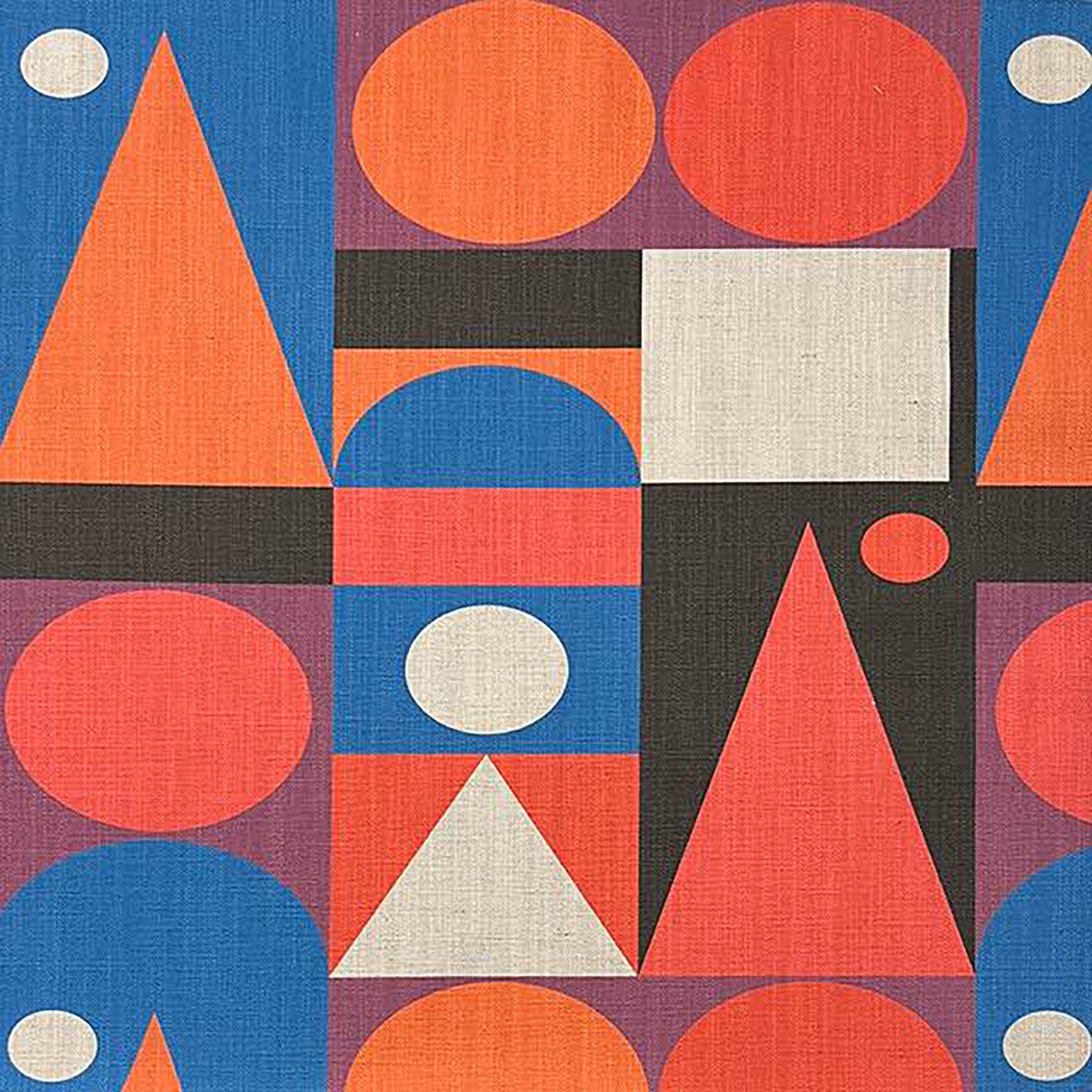 Multicoloured geometric upholstery fabric with red, blue, and orange abstract shapes in cubist layout