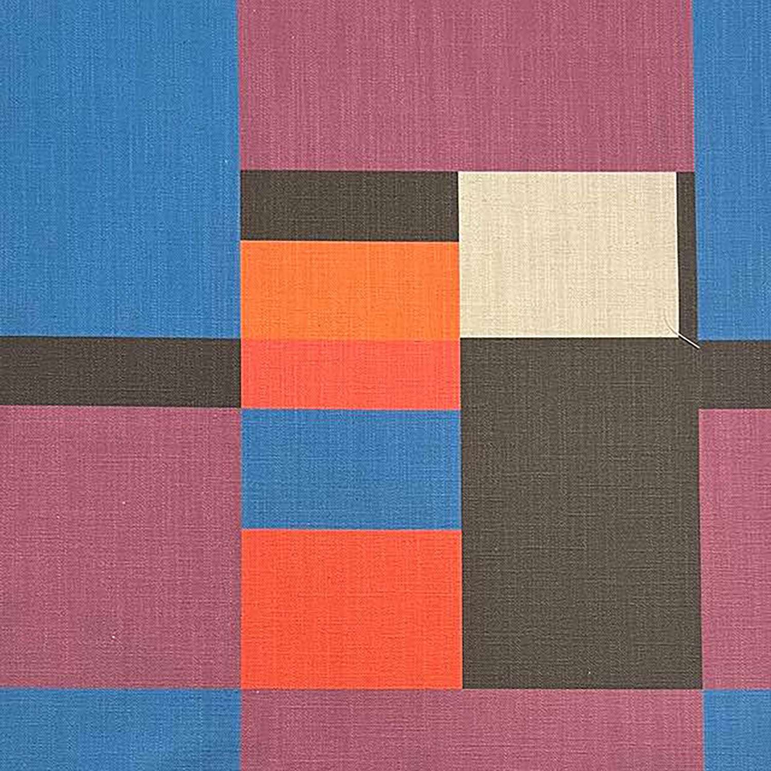 Bold colour block upholstery fabric featuring orange, blue, plum, ivory and charcoal squares in a modern cubist style