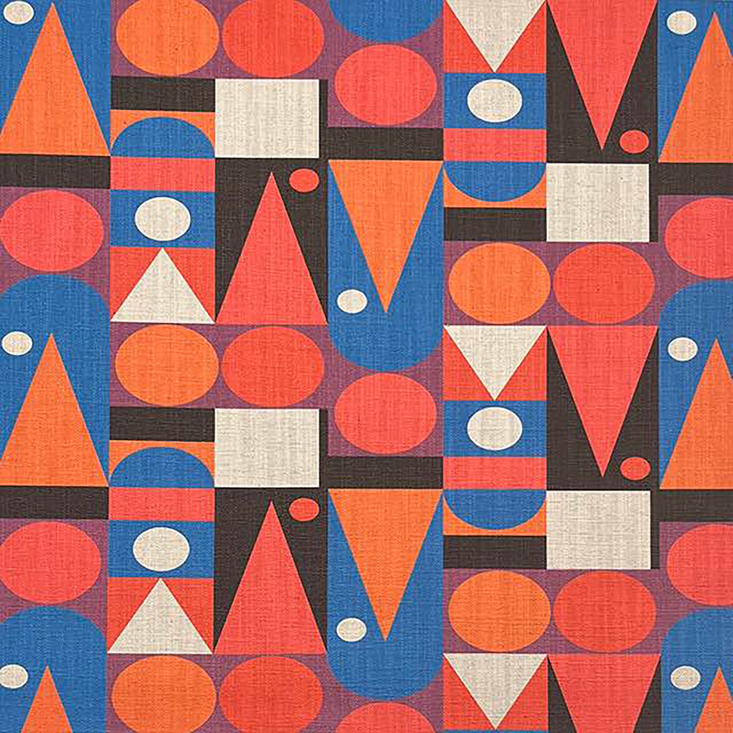 Luxury geometric upholstery fabric with abstract red, blue and ivory shapes in a Cubist-inspired layout