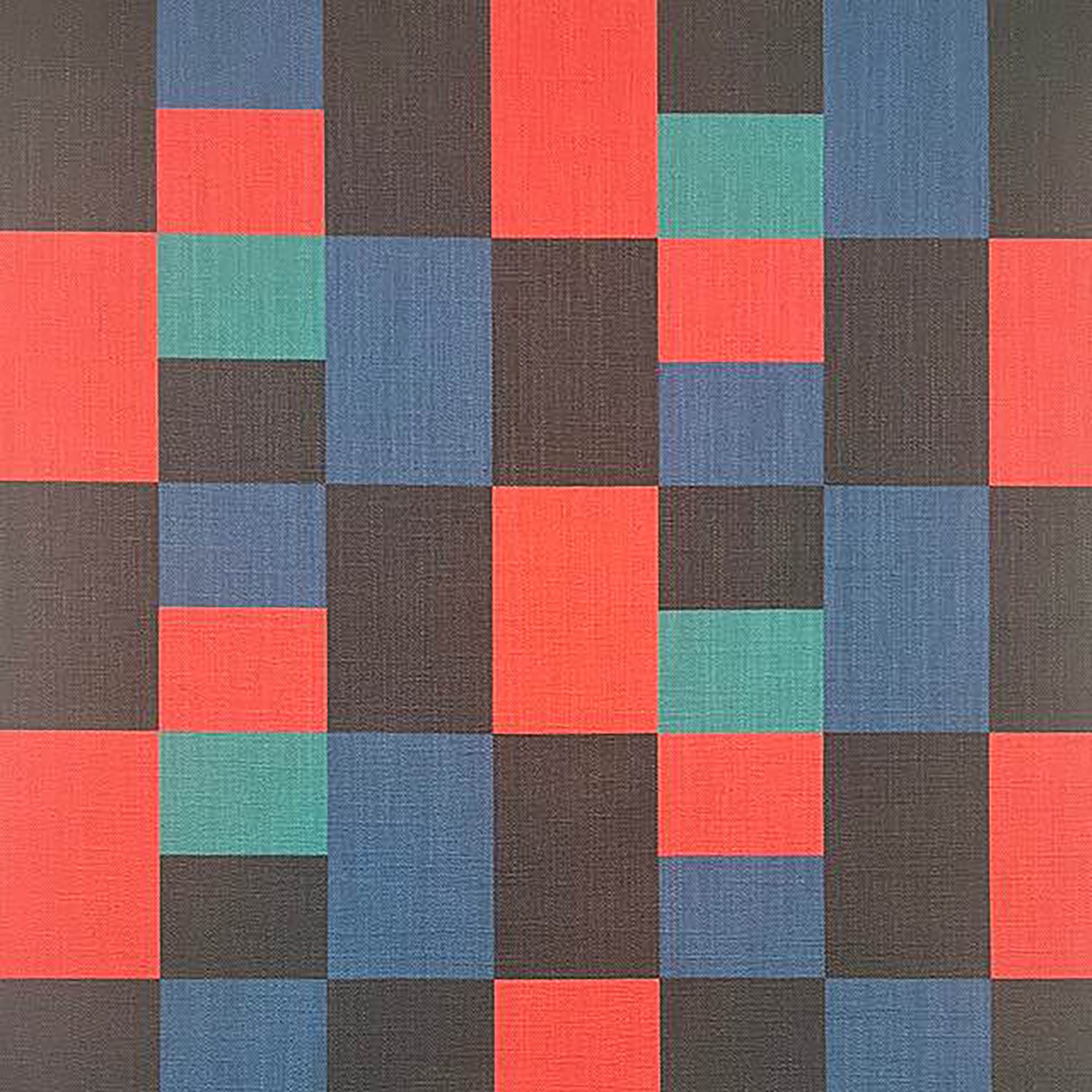 Cubism No.20 designer upholstery fabric featuring red, blue, teal and black colour block pattern on textured weave