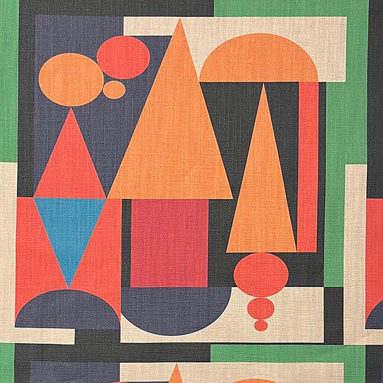 Cubism No.3 upholstery fabric featuring abstract geometric shapes in terracotta, emerald, blue and coral inspired by Cubist art