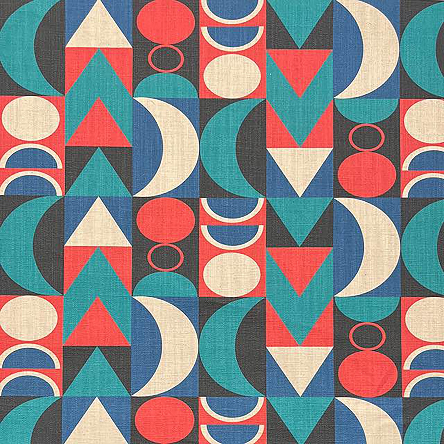 Cubism No.4 fabric swatch showing geometric Bauhaus-style pattern in teal, red, ivory and navy with symmetrical layout