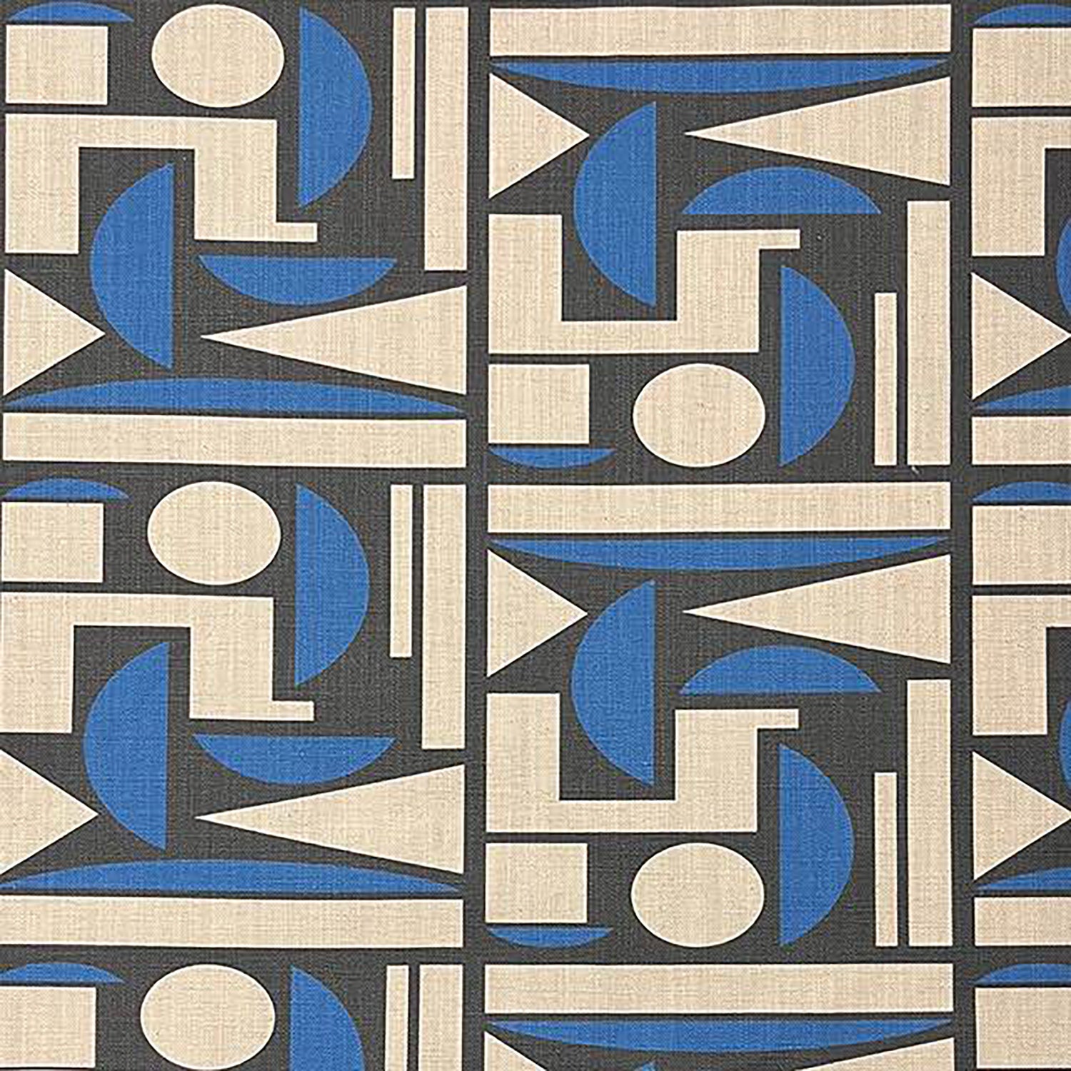 Cubism No.7 upholstery fabric swatch showing Bauhaus-style geometric pattern in blue, black and ivory with structured grid layout