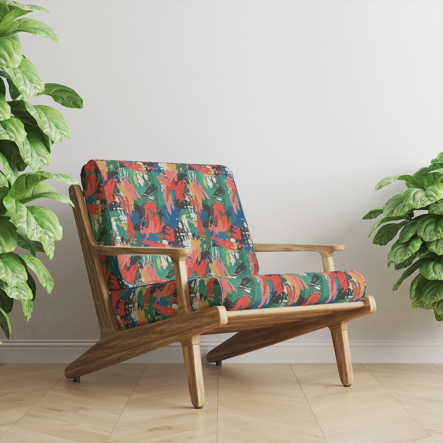 Dash No.10 Upholstery Fabric on mid-century chair with bold abstract brushstroke pattern