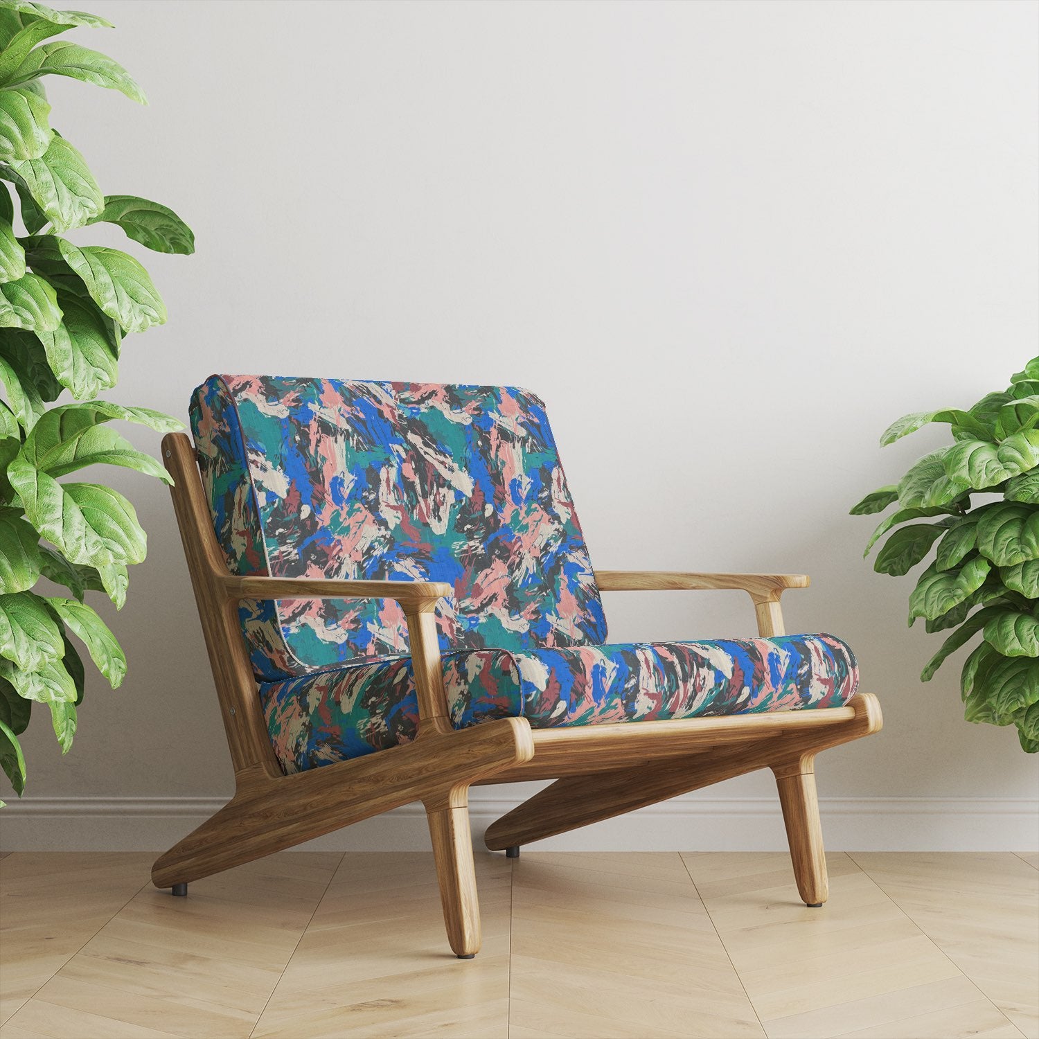 Dash No.12 upholstery fabric on mid-century chair in living room setting