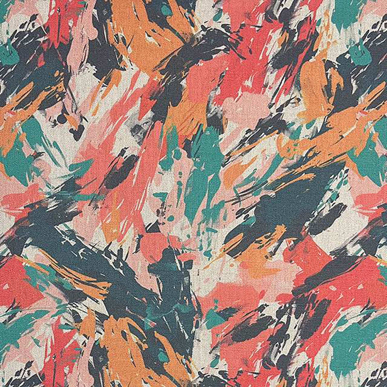 Dash No.1 luxury upholstery fabric with expressive brushstroke print in coral, teal, navy and ochre on cream background