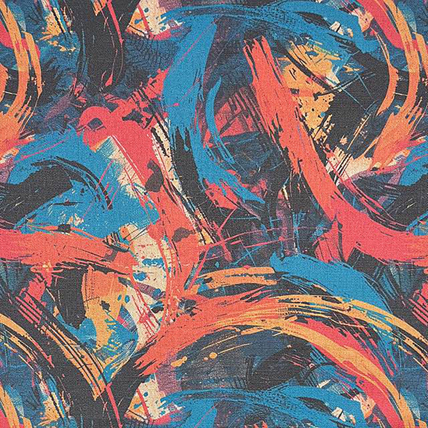 Dash No.2 luxury upholstery fabric with abstract painterly brushstroke pattern in coral, cobalt blue, ochre, and black