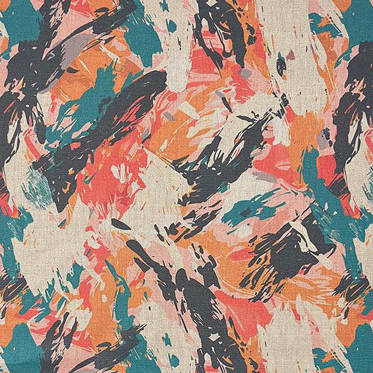 Dash No.3 luxury upholstery fabric with expressive painterly brushstroke pattern in teal, coral, peach and black on flax background