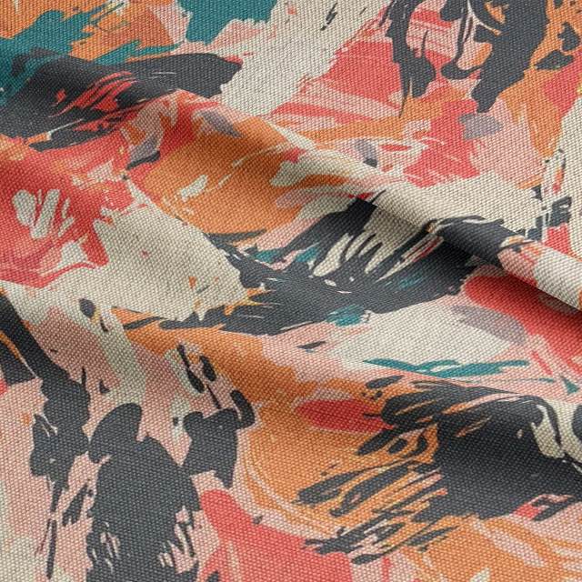 Close-up texture of Dash No.3 upholstery textile showing layered brushstroke design in vibrant orange, teal, black and soft blush