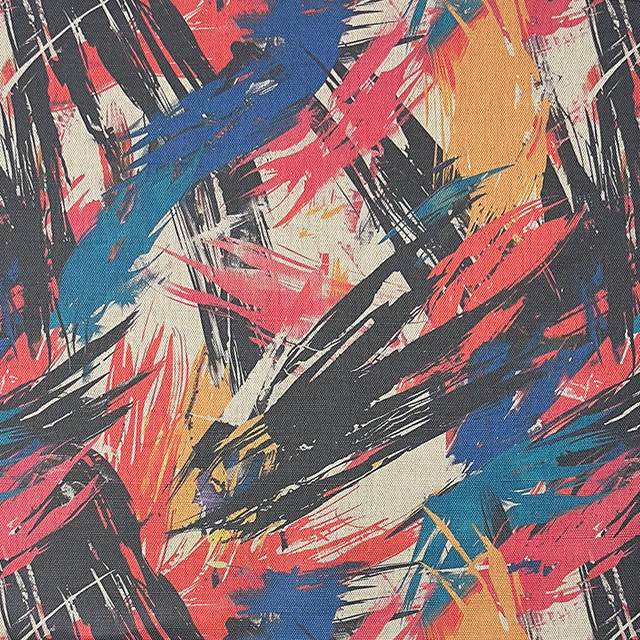 Dash No.4 abstract brushstroke upholstery fabric in vivid red, blue, sienna, and black on flax-toned background – painterly modern textile swatch
