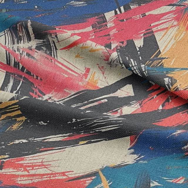 Close-up of Dash No.4 abstract upholstery fabric – expressive painted brushstrokes in sienna, crimson, blue and black on neutral linen weave