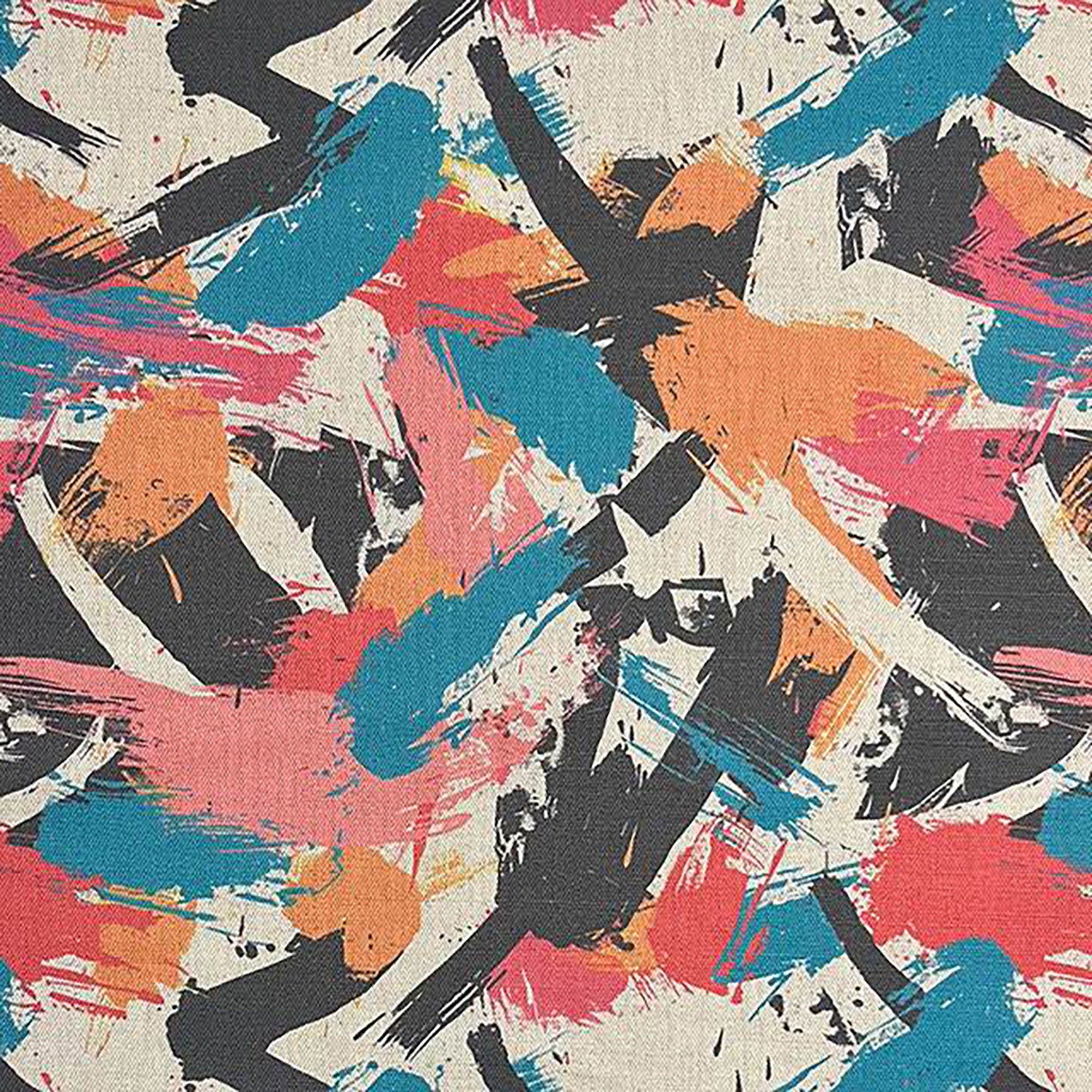 Dash No.5 abstract painterly upholstery fabric with expressive brushstrokes in teal, orange, blush pink, red and black on a neutral flax background