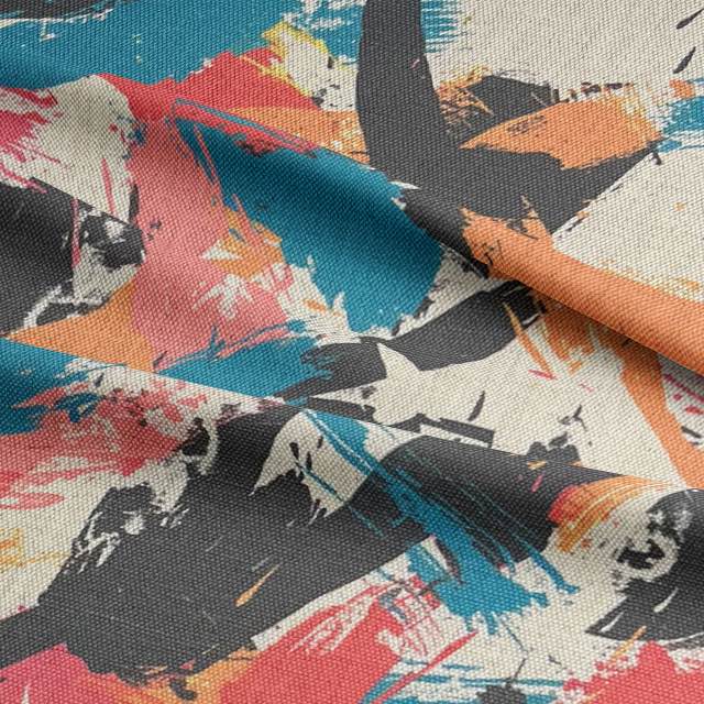 Close-up texture of Dash No.5 painterly upholstery fabric – layered brushstroke patterns in coral, teal, soft orange and black on woven natural base