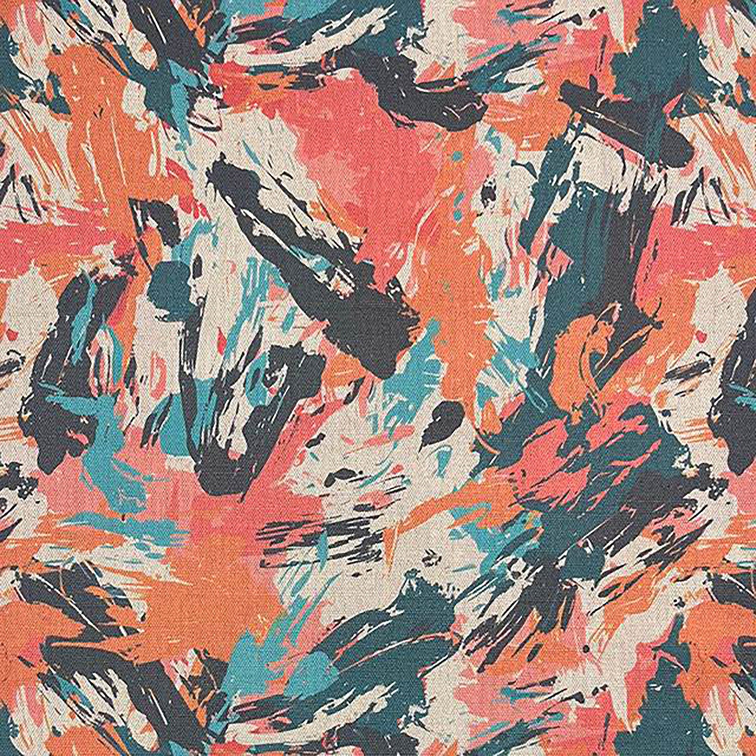 Dash No.6 luxury abstract brushstroke upholstery fabric in coral, teal, and black tones – flat lay view
