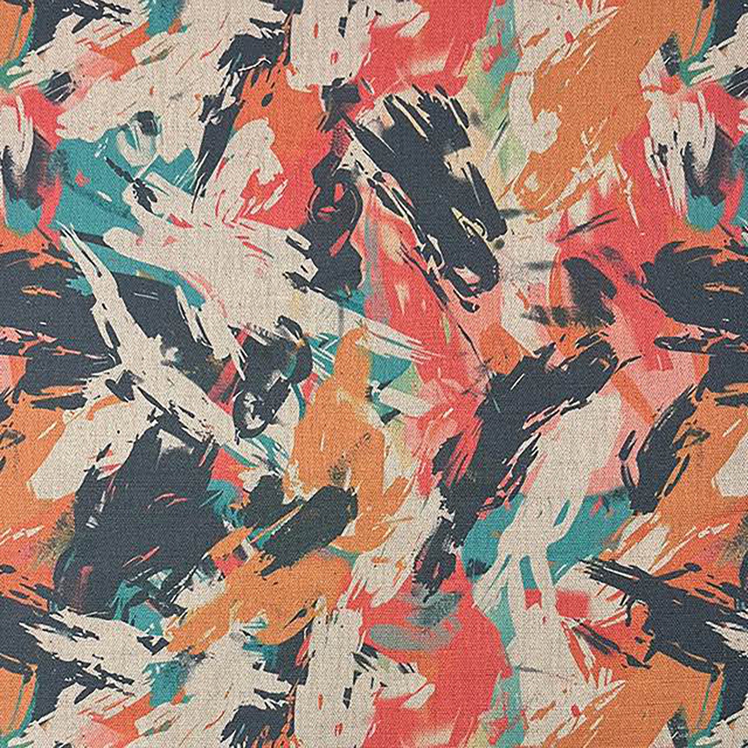 Dash No.7 abstract brushstroke upholstery fabric in coral, black and teal on natural background – close-up textile view