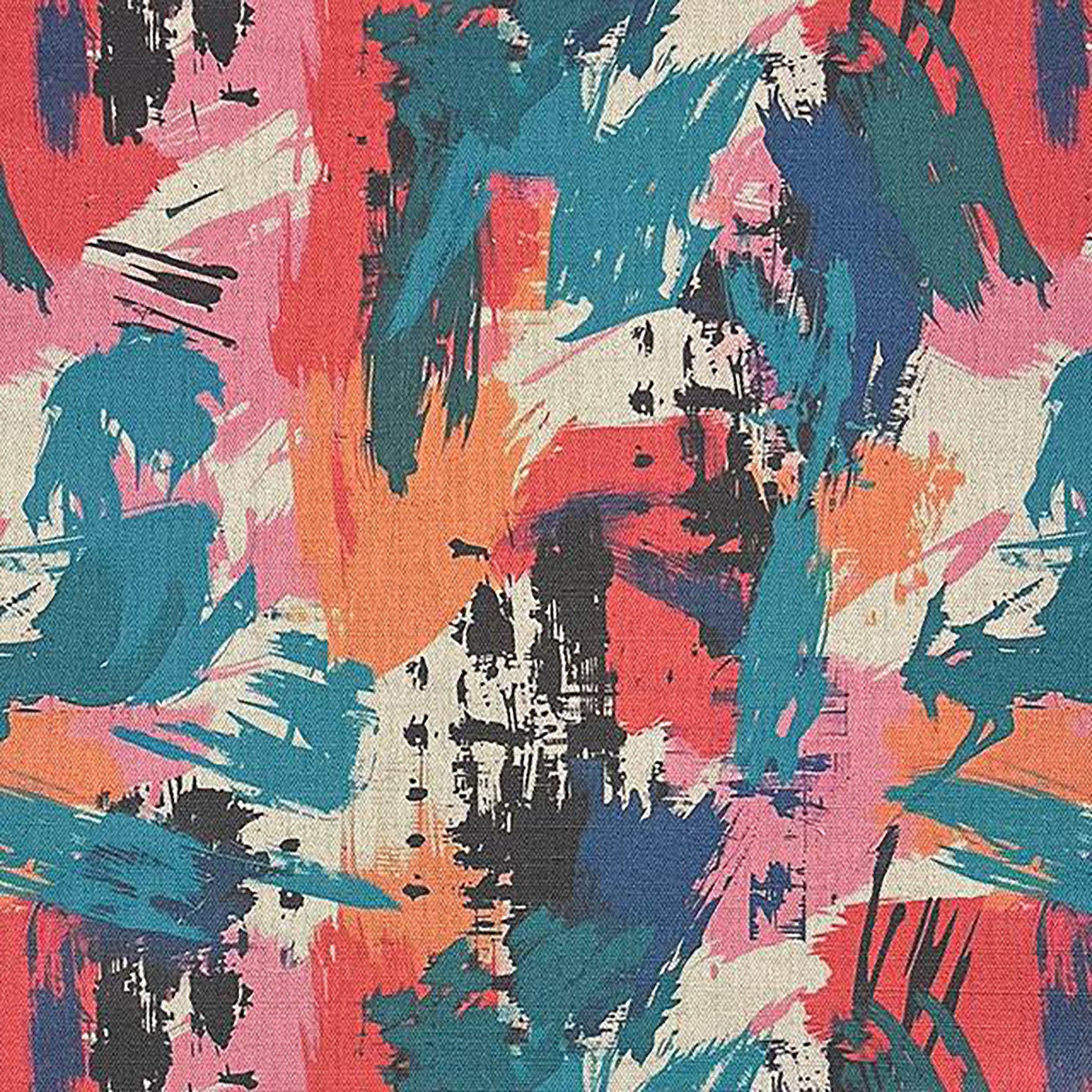 Dash No.8 abstract multicoloured upholstery fabric with painterly brushstroke design in red, teal, pink, ochre and blue
