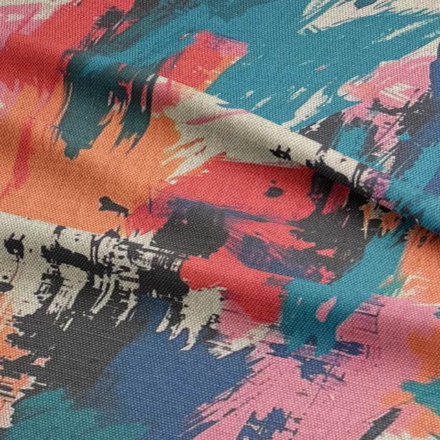 Close-up of Dash No.8 luxury upholstery fabric showing layered brushstroke textures and vivid multicolour palette