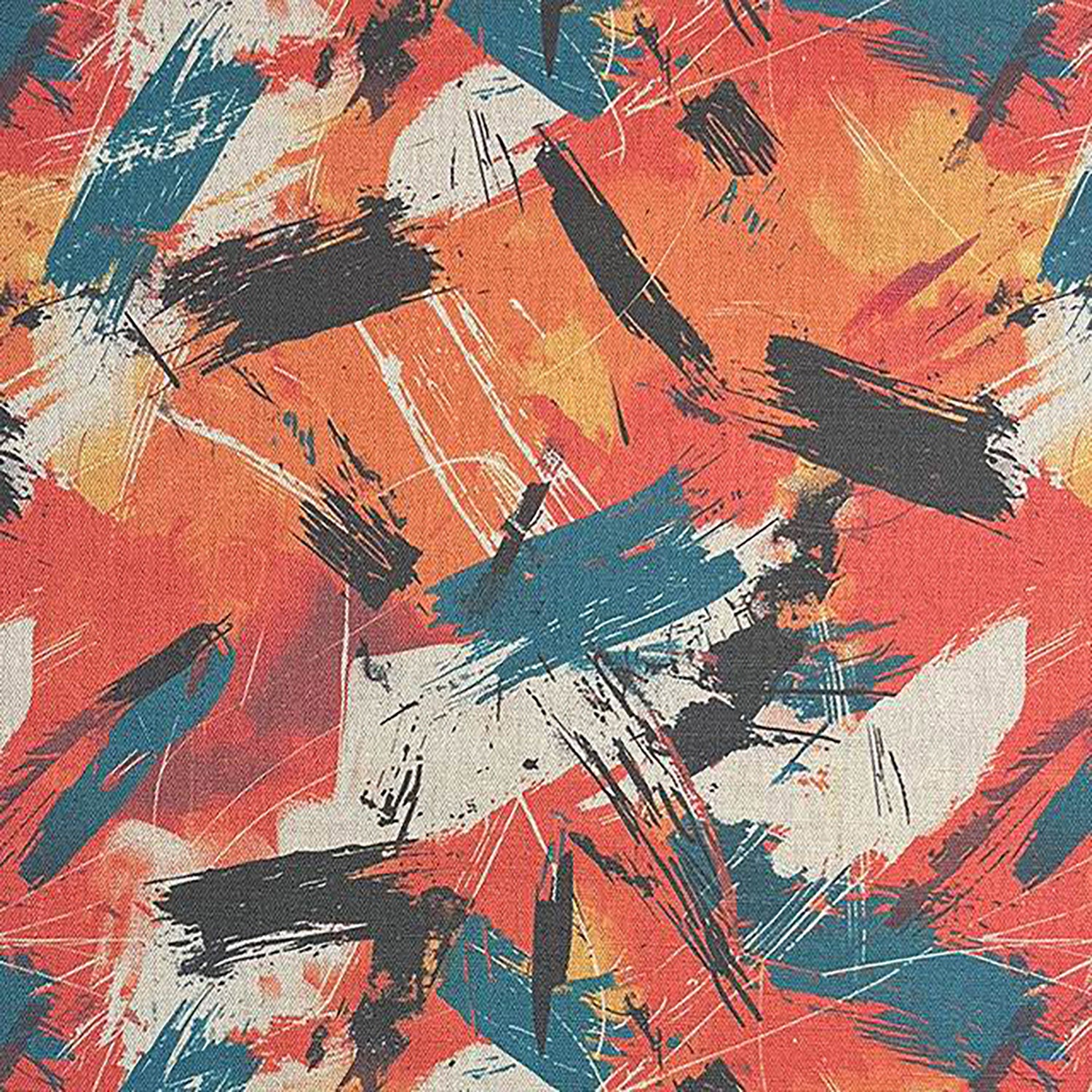 Dash No.9 abstract brushstroke upholstery fabric in orange, red and blue on flax background