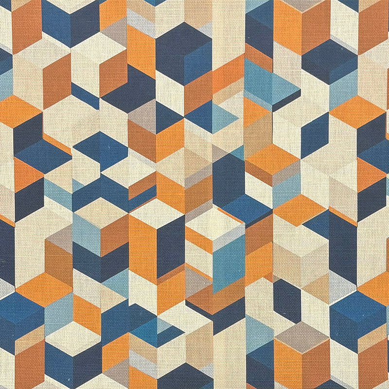 Flat image of Dessau No.12 multicoloured geometric upholstery fabric with cube pattern in orange, blue and cream tones