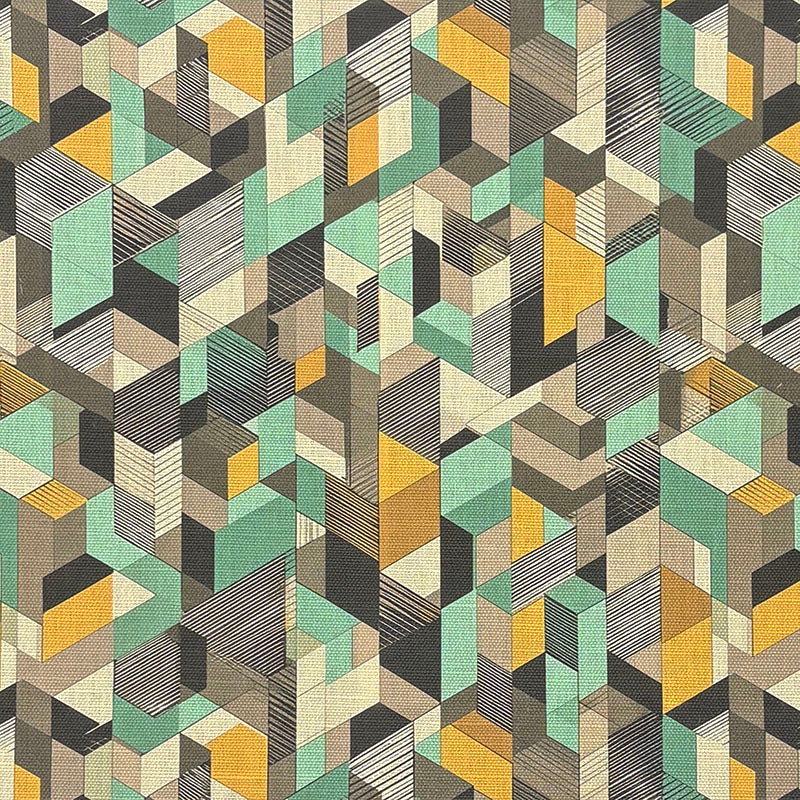 Close-up of Dessau No.13 geometric multicoloured upholstery fabric showing mint, ochre, taupe and black tones