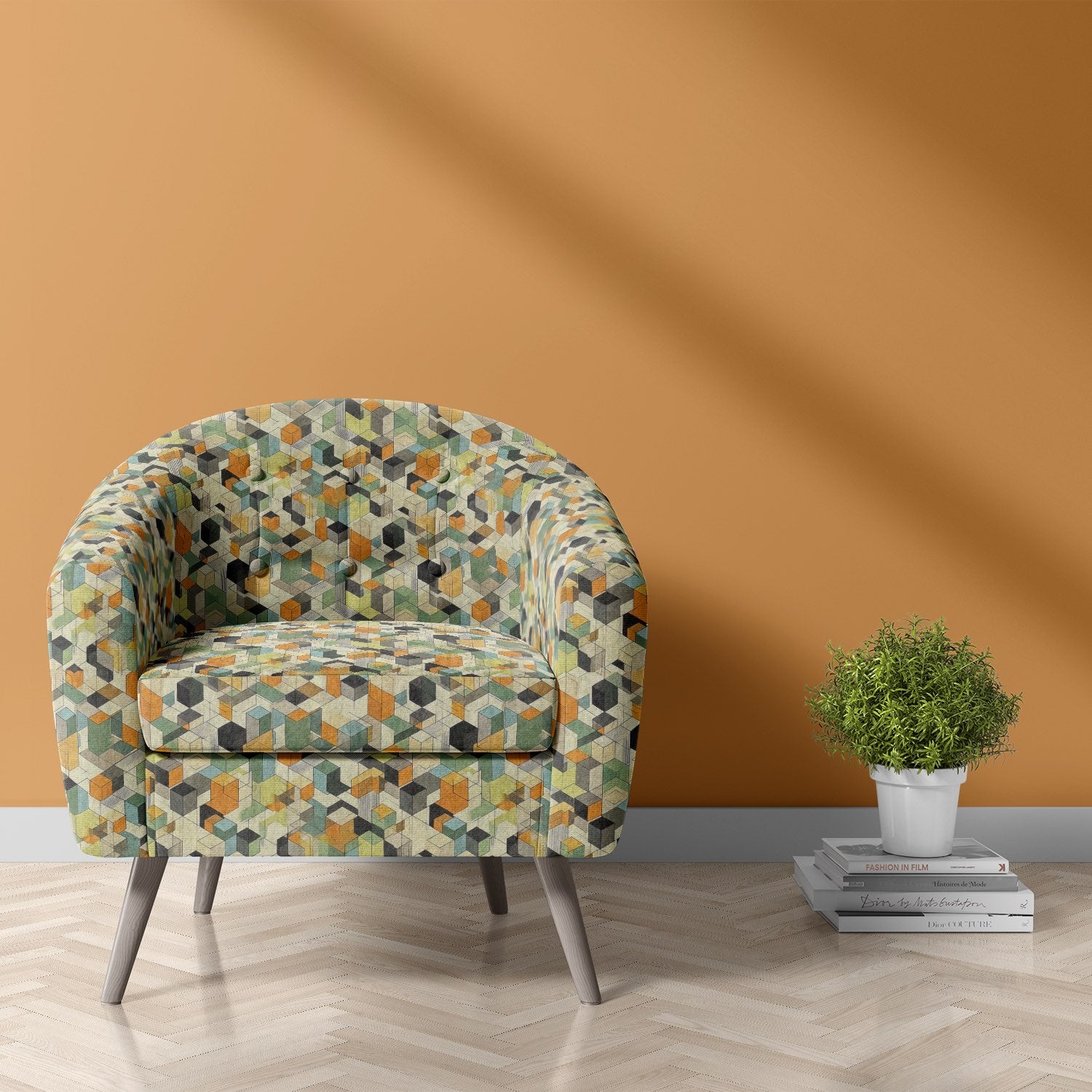Modern armchair upholstered in Dessau No.14 multicoloured geometric upholstery fabric with cubist design