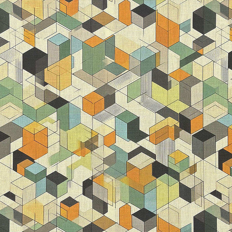 Flat image of Dessau No.14 multicoloured geometric upholstery fabric in ochre, mint, charcoal and cream