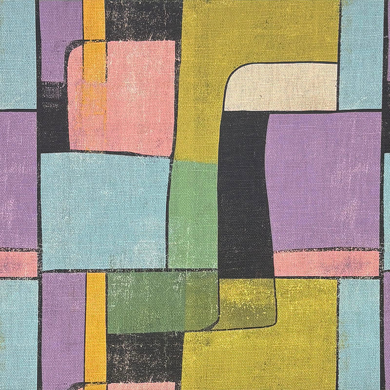Dessau No.1 abstract multicoloured upholstery fabric in lilac, green and ochre with Bauhaus geometric pattern