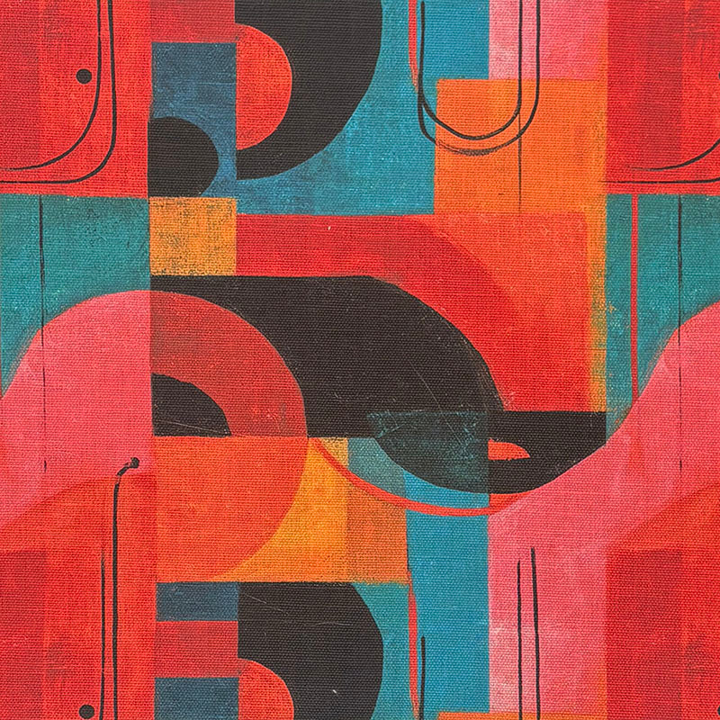 Close-up of Dessau No.7 multicoloured upholstery fabric with bold red, teal, and orange abstract blocks