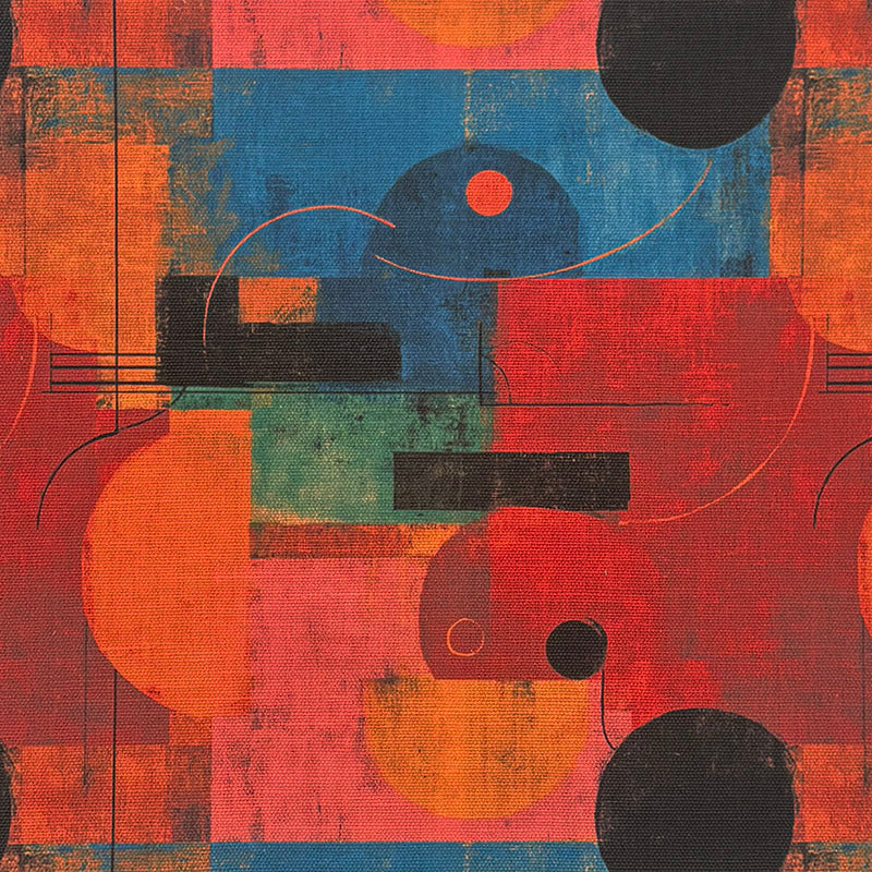 Flat swatch of Dessau No.9 multicoloured upholstery fabric with abstract geometric print in red, turquoise, ochre, and black