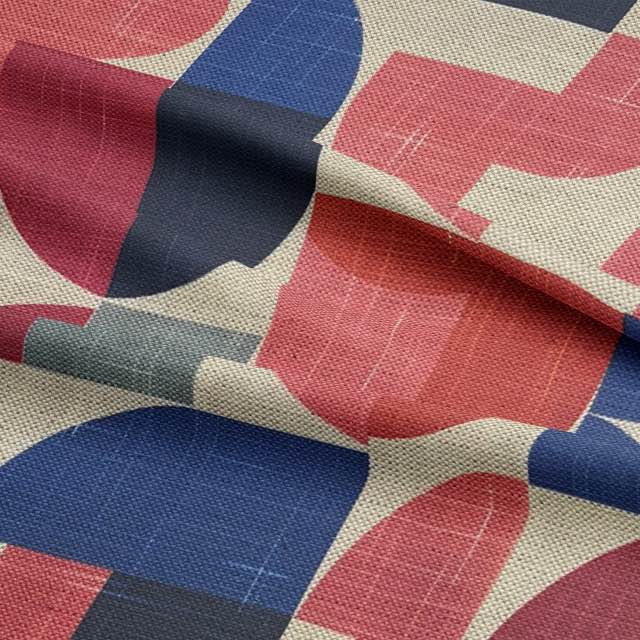Close-up of Dimension No.1 fabric showing curved geometric print in red and navy