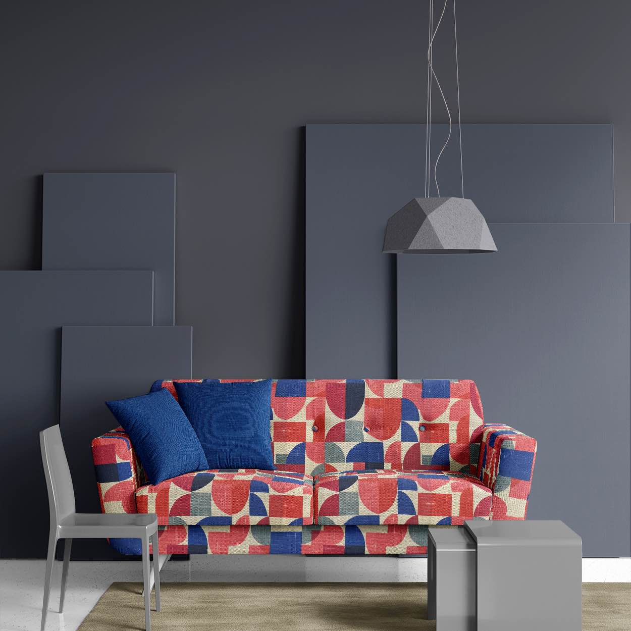 Modern sofa upholstered in Dimension No.1 fabric in a contemporary grey interior