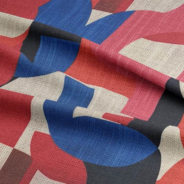 Close-up of Dimension No.2 upholstery fabric with curved pink and navy pattern
