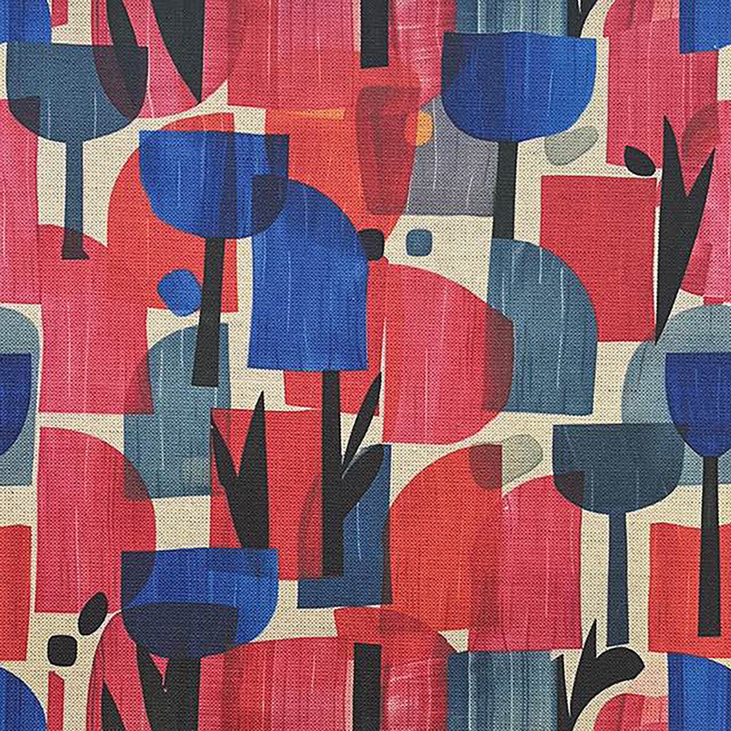 Dimension No.3 red and blue abstract floral upholstery fabric with sculptural shapes