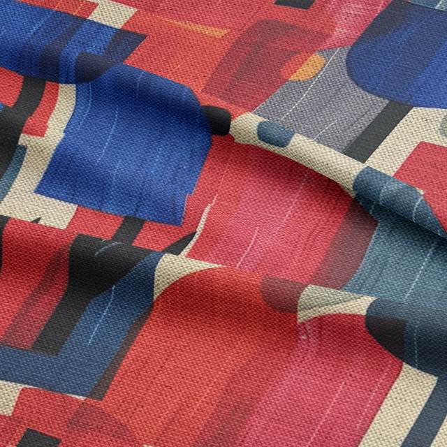 Close-up texture of Dimension No.3 fabric showing layered red and blue flower forms