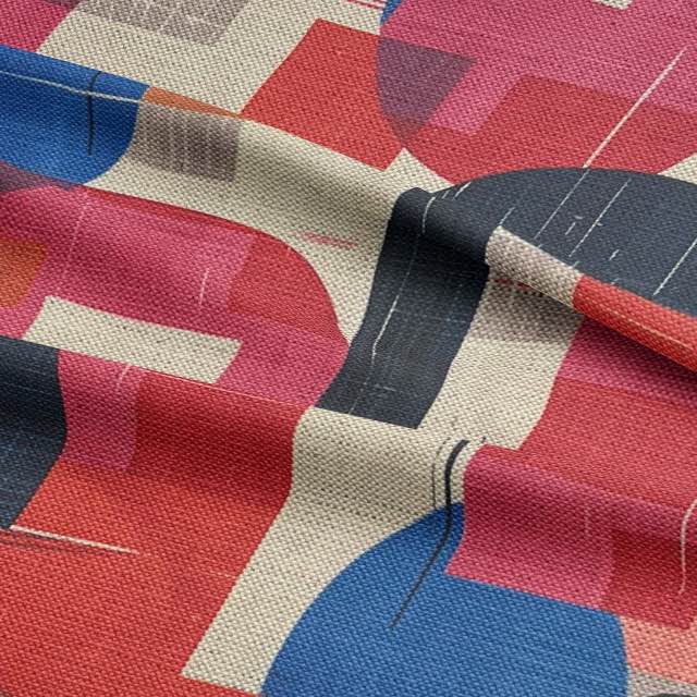 Close-up of linen-blend fabric featuring curved pink and blue shapes from Dimension No.4