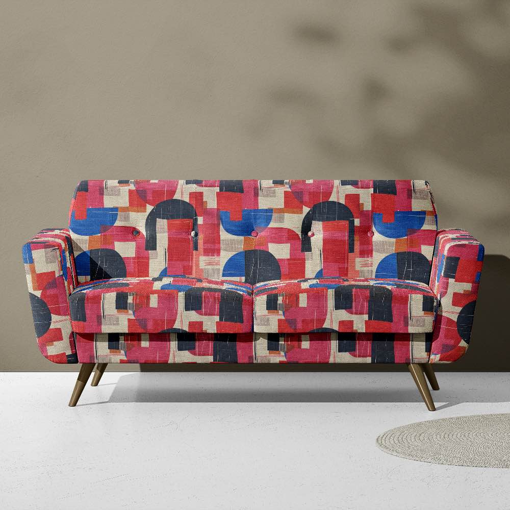 Modern two-seater sofa upholstered in Dimension No.4 geometric print fabric