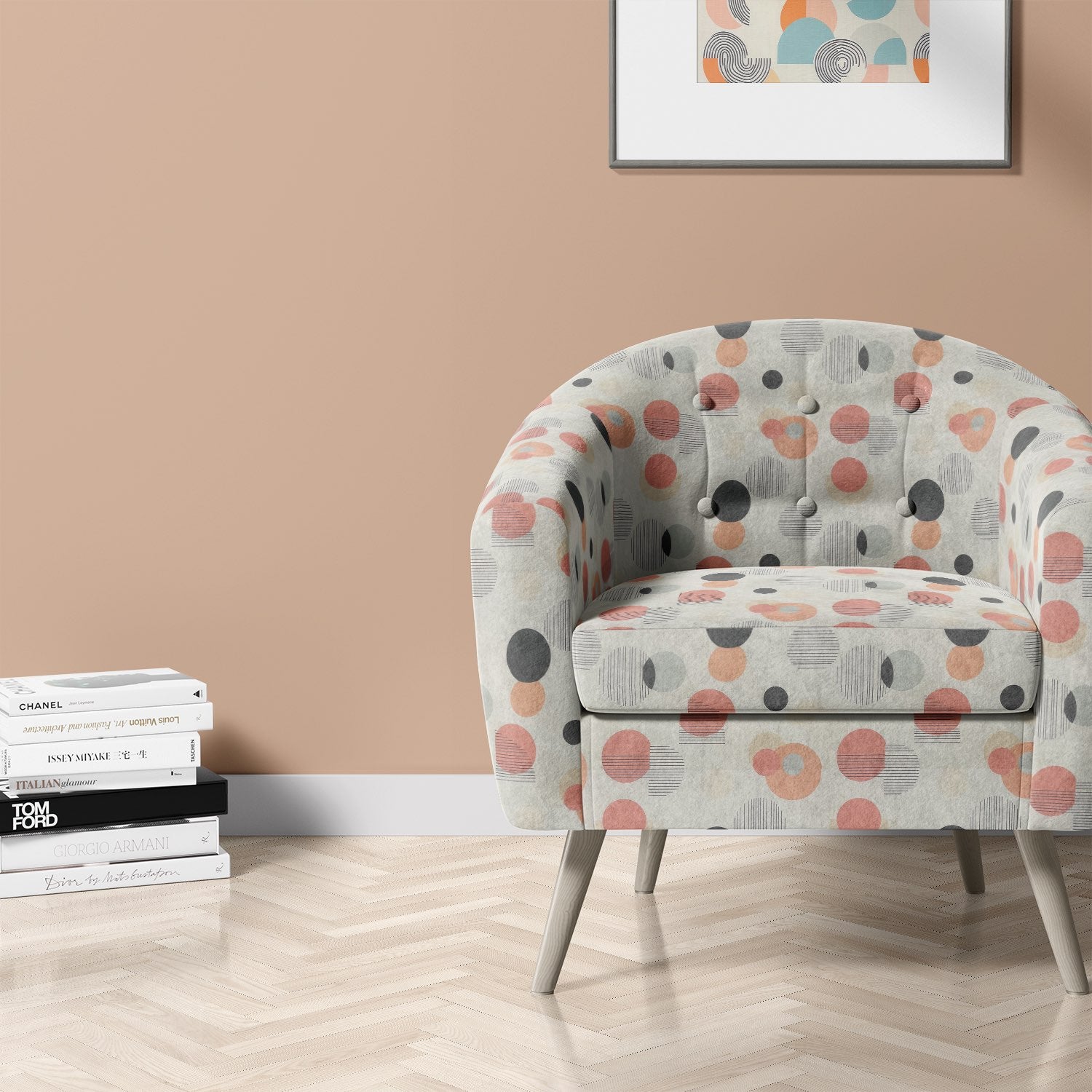 Elements No.6 multicoloured geometric upholstery fabric – armchair setting